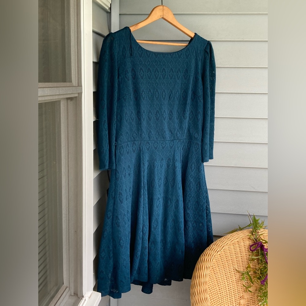 Teal blue dress with lace overlay and 3/4 puff sleeves